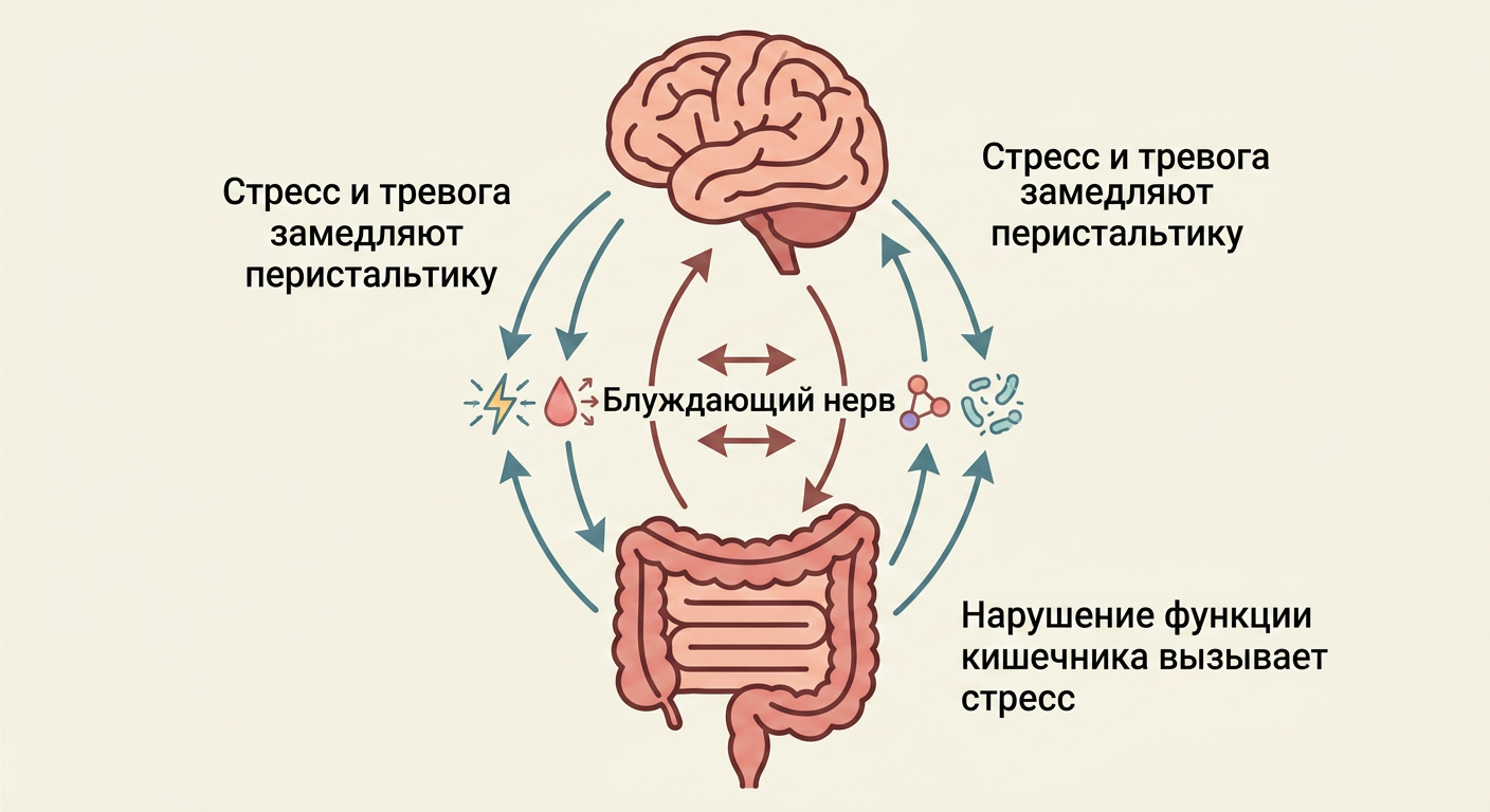 Схема оси кишечник-мозг, демонстрирующая влияние стресса на замедление моторики и обратное влияние проблем с пищеварением на эмоциональное состояние
