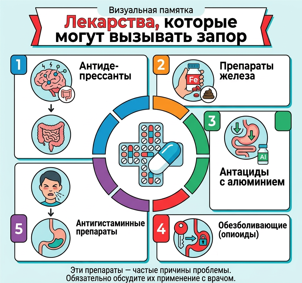 Инфографика с перечнем лекарственных средств, которые могут вызывать запор, включая препараты железа, антациды и антидепрессанты